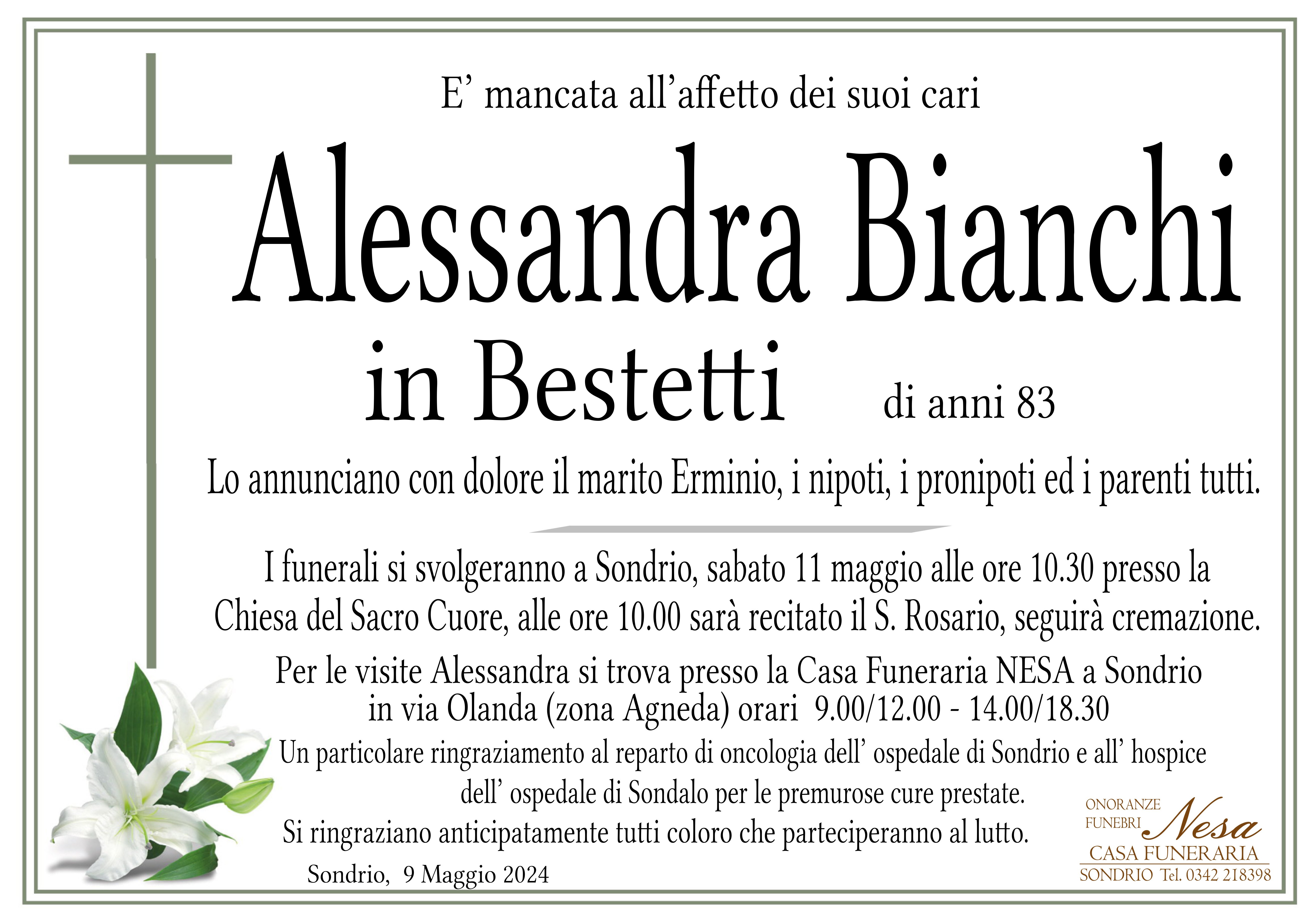 Necrologio Alessandra Bianchi in Bestetti